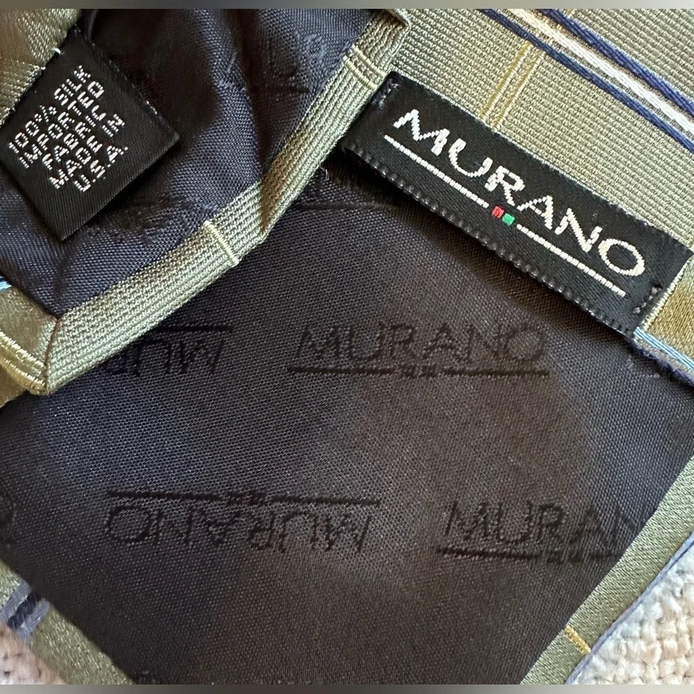 MURANO 100% Silk Tie Olive Sage Green Plaid Diagonal Stripes Blue White